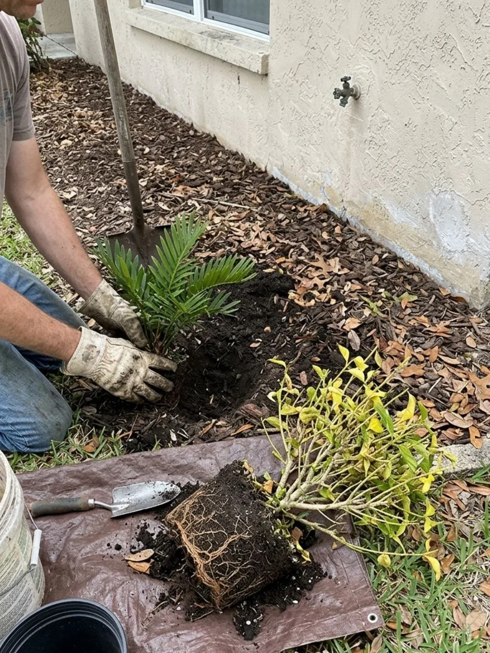 Gardener planting a small cycad with gloves beside a removed unhealthy shrub root ball