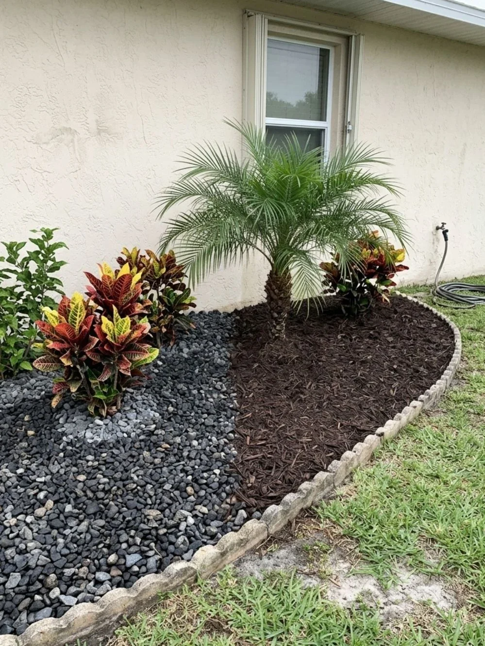 Dark charcoal gravel beside brown mulch and a small palm under a house window