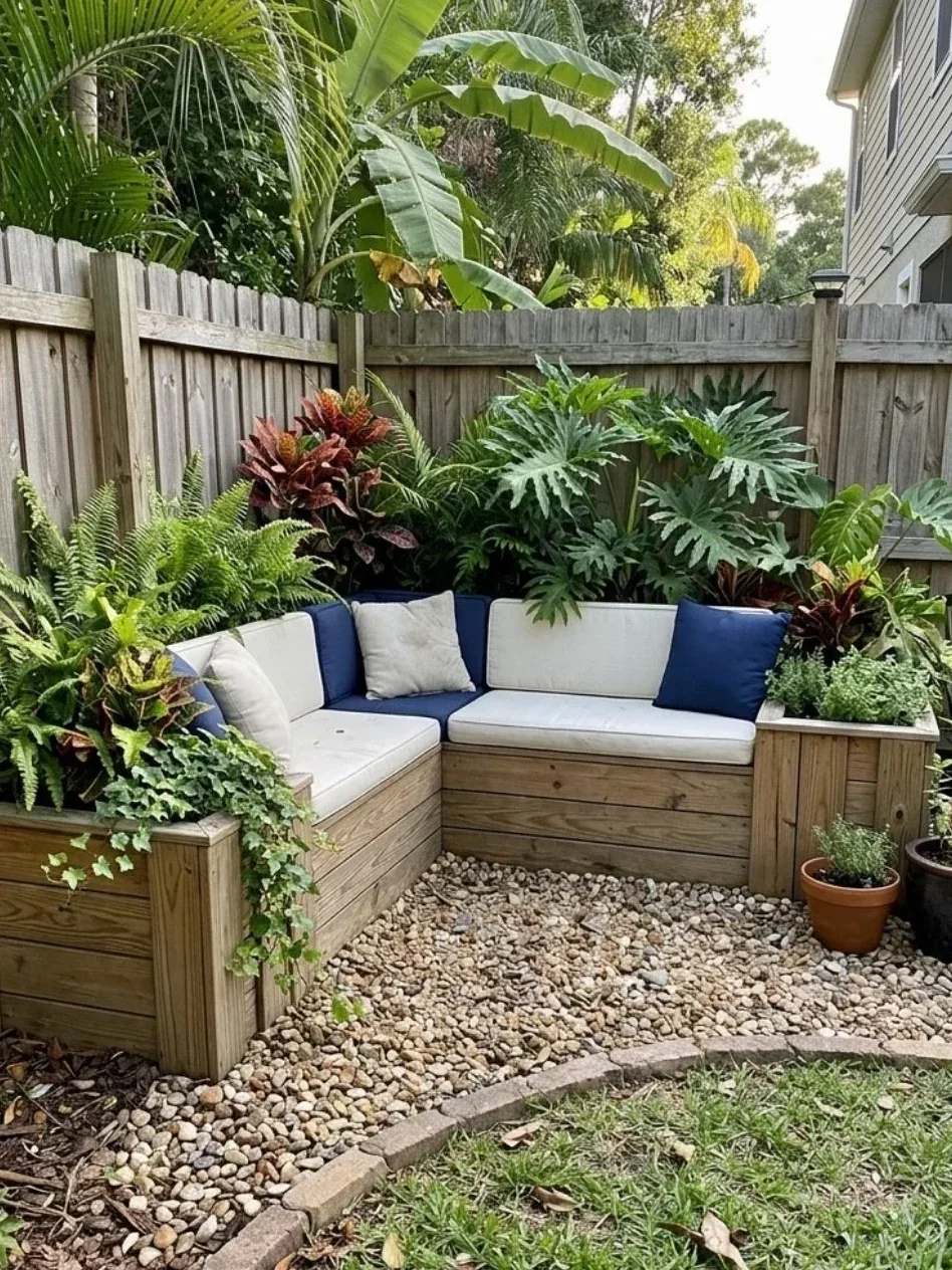 L-shaped wooden corner bench with built-in planters and blue and ivory outdoor cushions