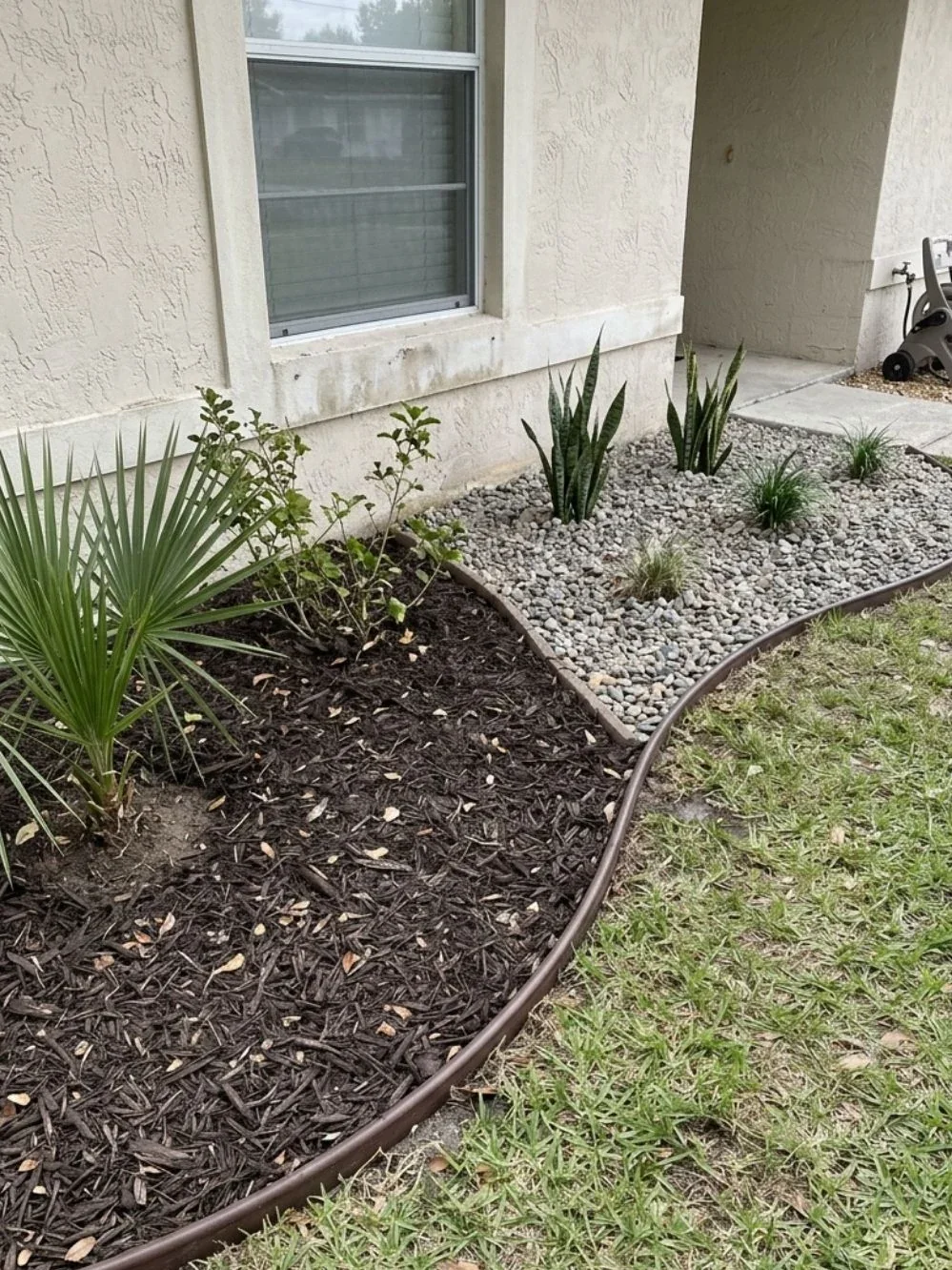 Contrasting pale gravel and dark wood mulch in adjoining small beds below a window