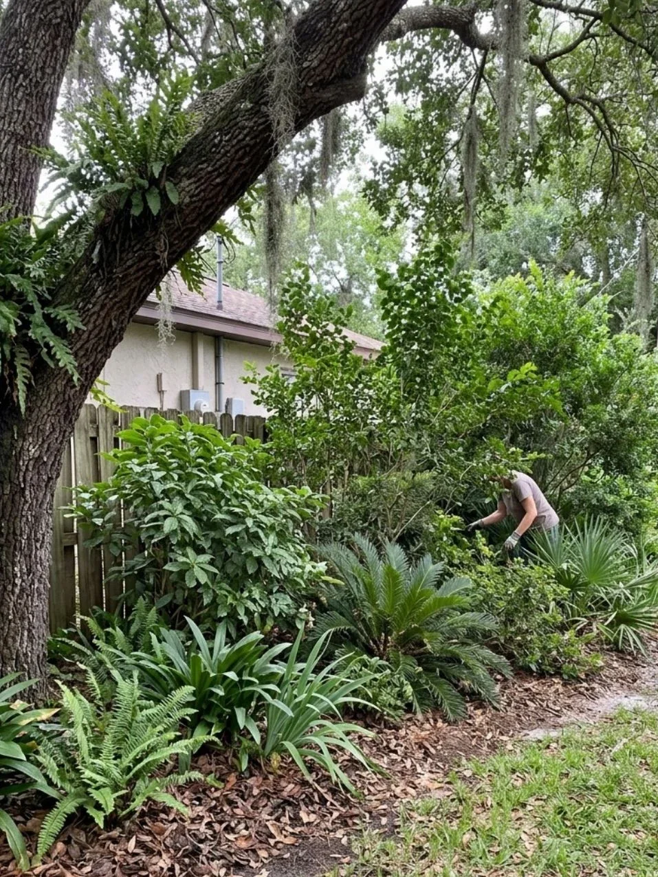 Gardener maintaining a layered privacy planting beneath a mature backyard shade tree