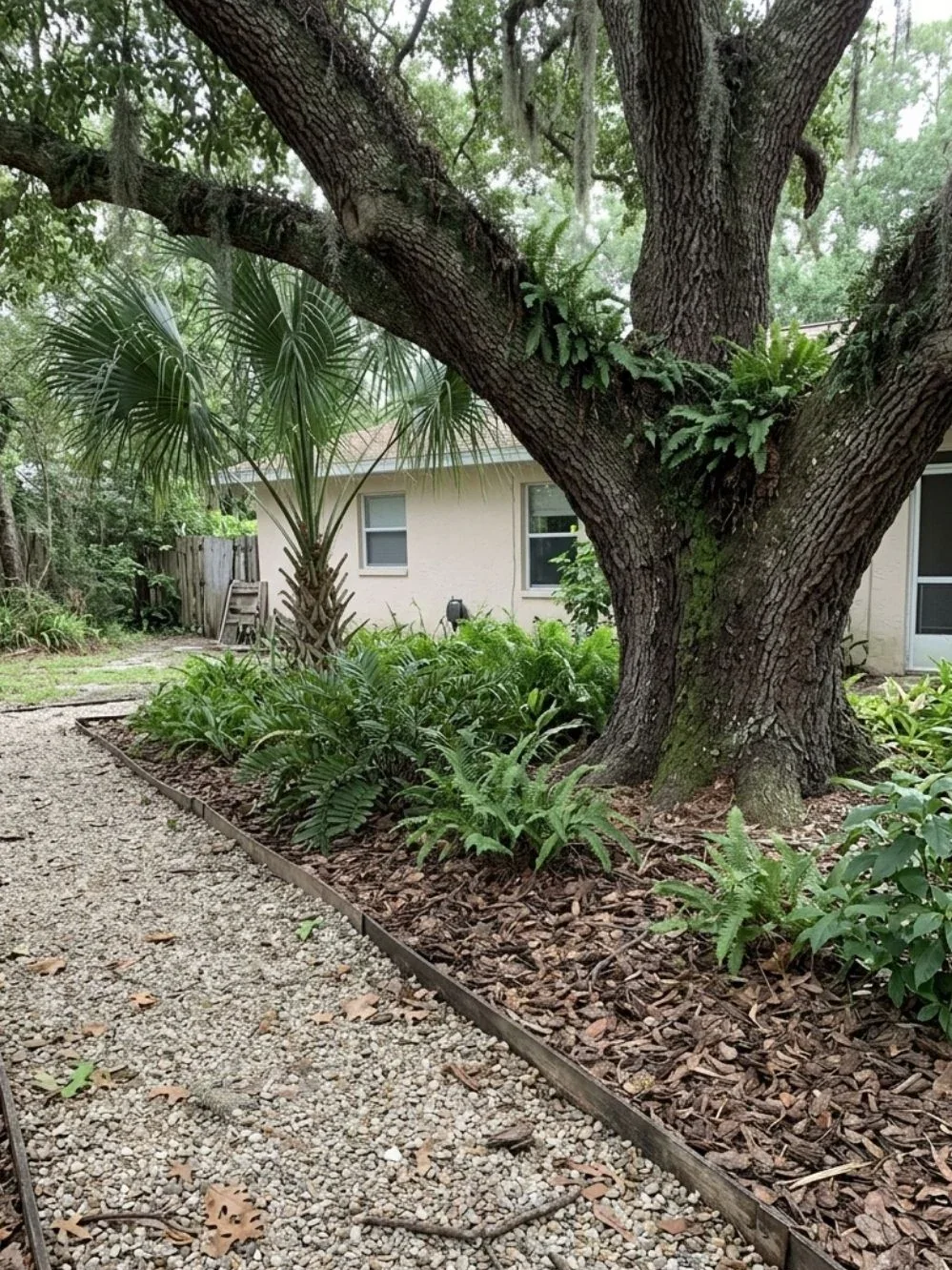 Wood mulch around a large shade tree beside a light gravel walkway and green ferns