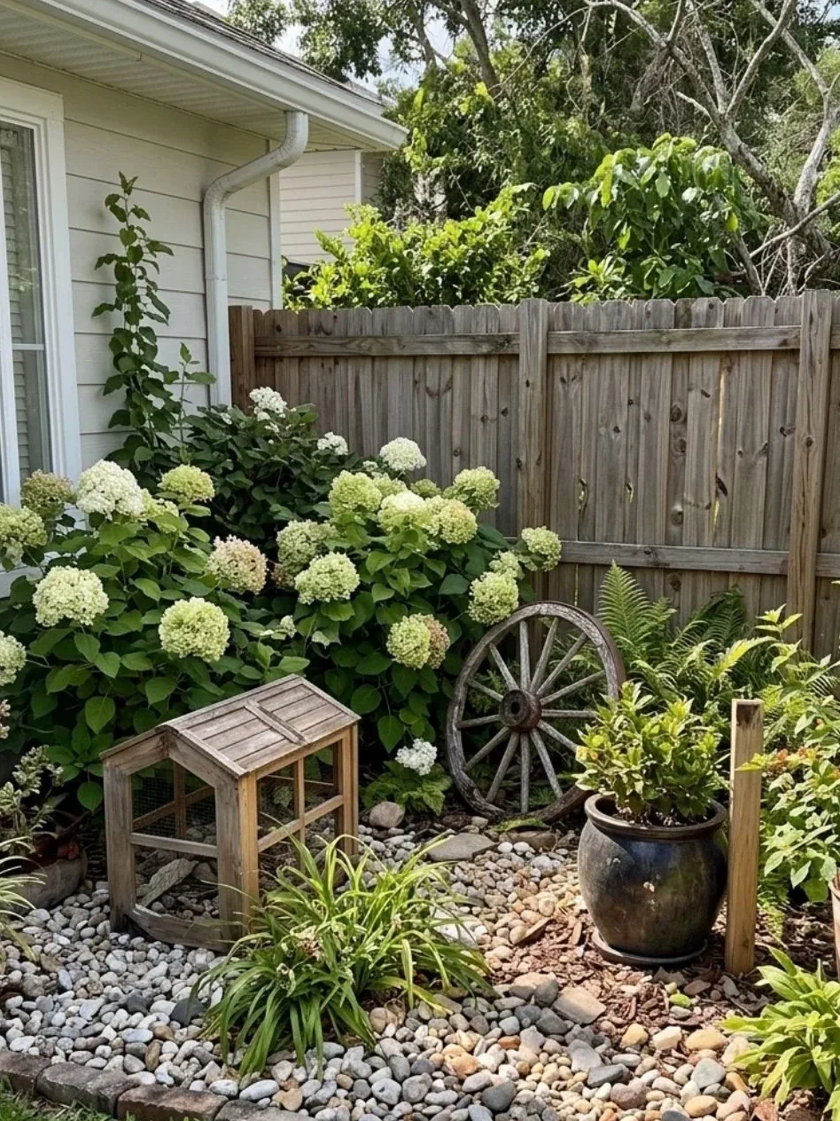 Rustic garden corner with white flowering shrubs, old wagon wheel and small wooden cold frame