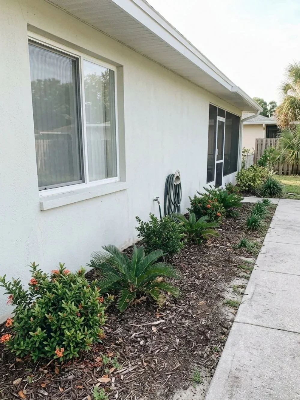 Low evergreen shrubs and cycads planted beneath windows beside a clear concrete path