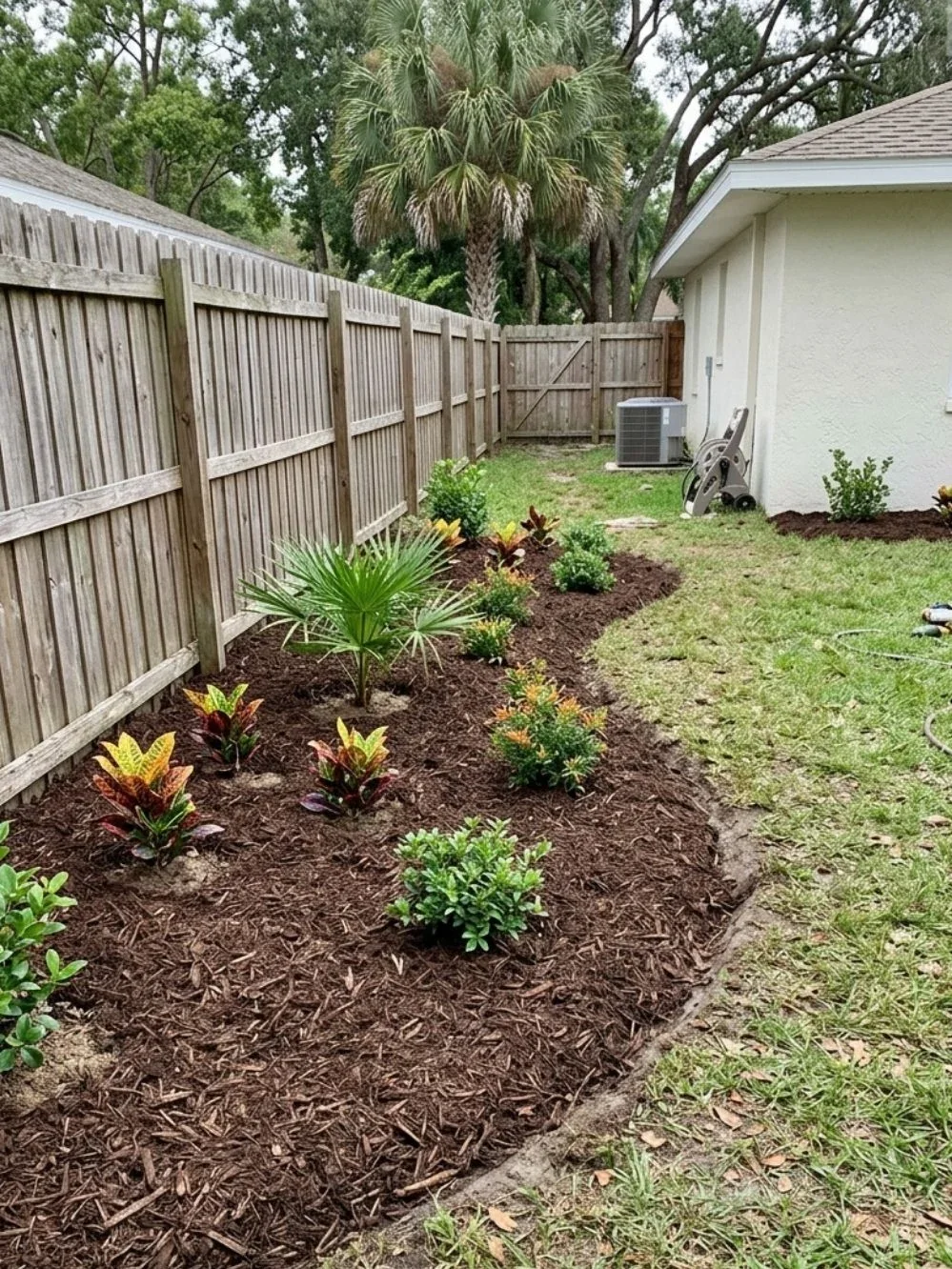 Newly planted shrubs and palms spaced across a brown-mulched garden bed along a wooden fence