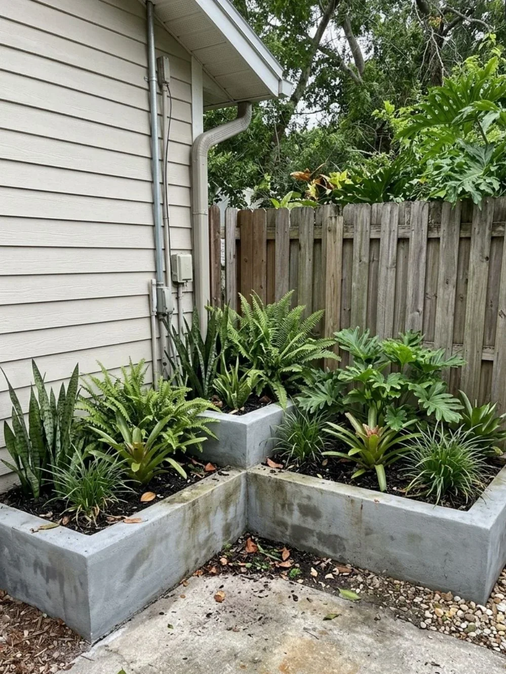 Concrete raised planting beds with ferns and tropical greenery beside a house wall
