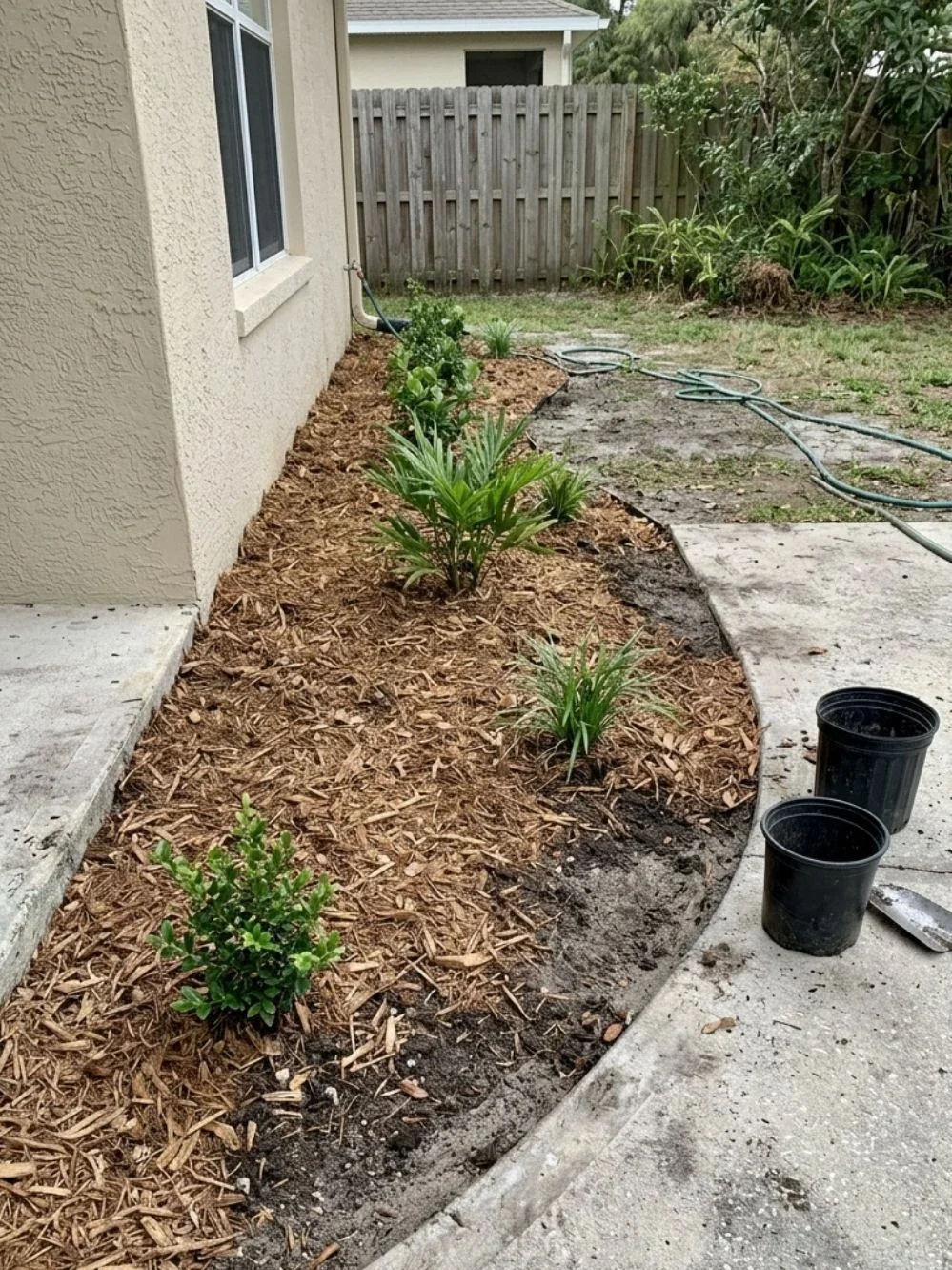 New small shrubs and ornamental grasses spaced across a freshly mulched garden bed