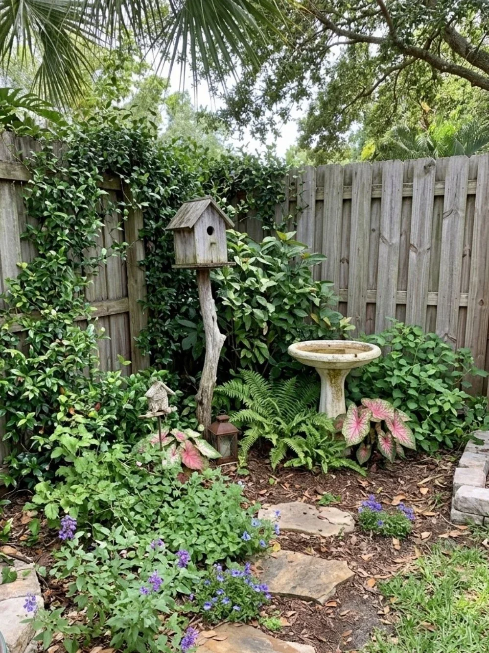 Small whimsical garden nook with a wooden birdhouse, birdbath, stepping stones and purple flowers