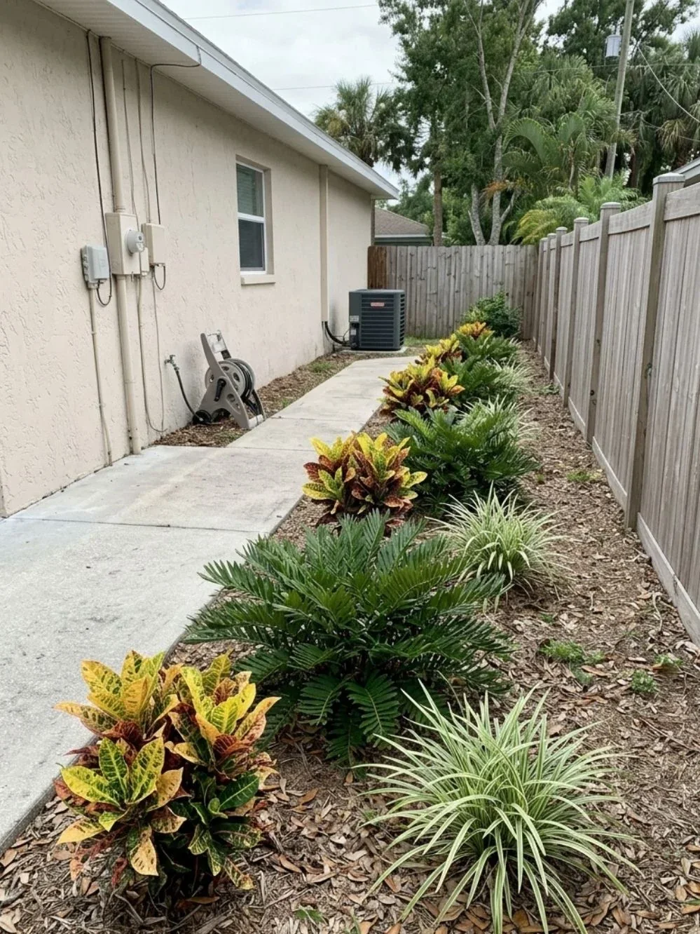 Repeated crotons, cycads and grasses along a Florida fence beside a house walkway