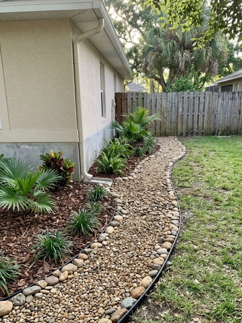 Curving light gravel path with rock border beside a brown-mulched garden bed along a modest home