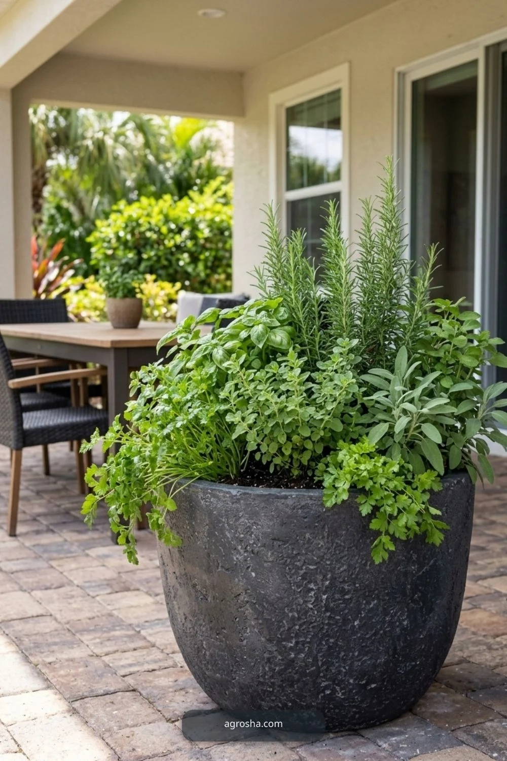Florida outdoor planter example showing large herb planter near outdoor dining
