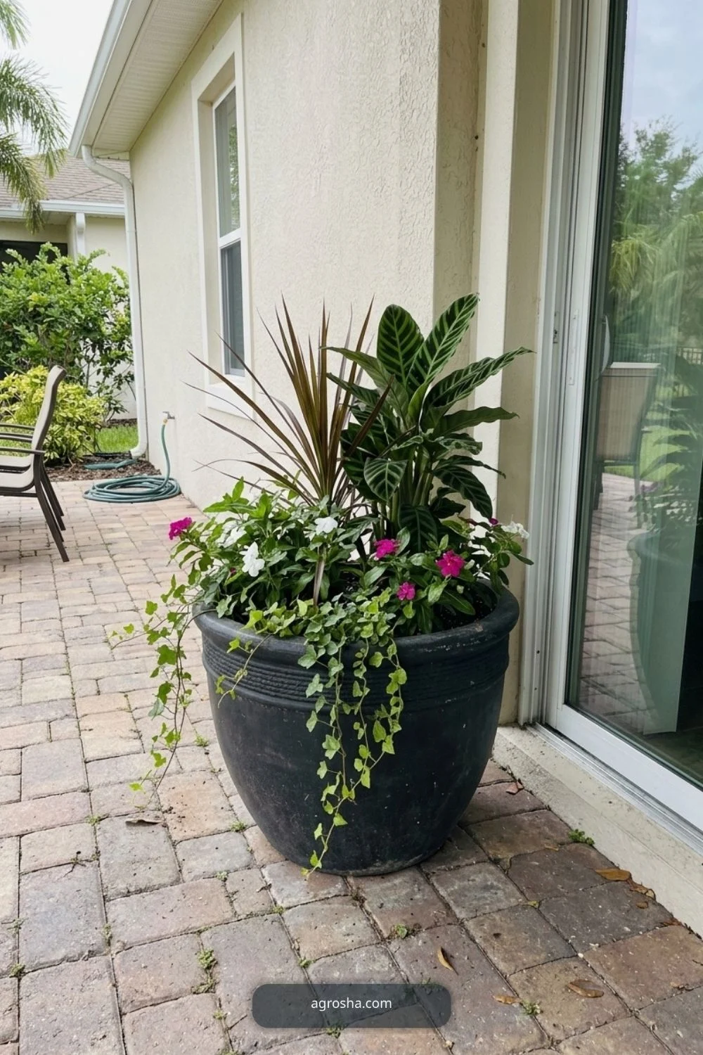 Florida outdoor planter example showing thriller-filler-spiller, used lightly
