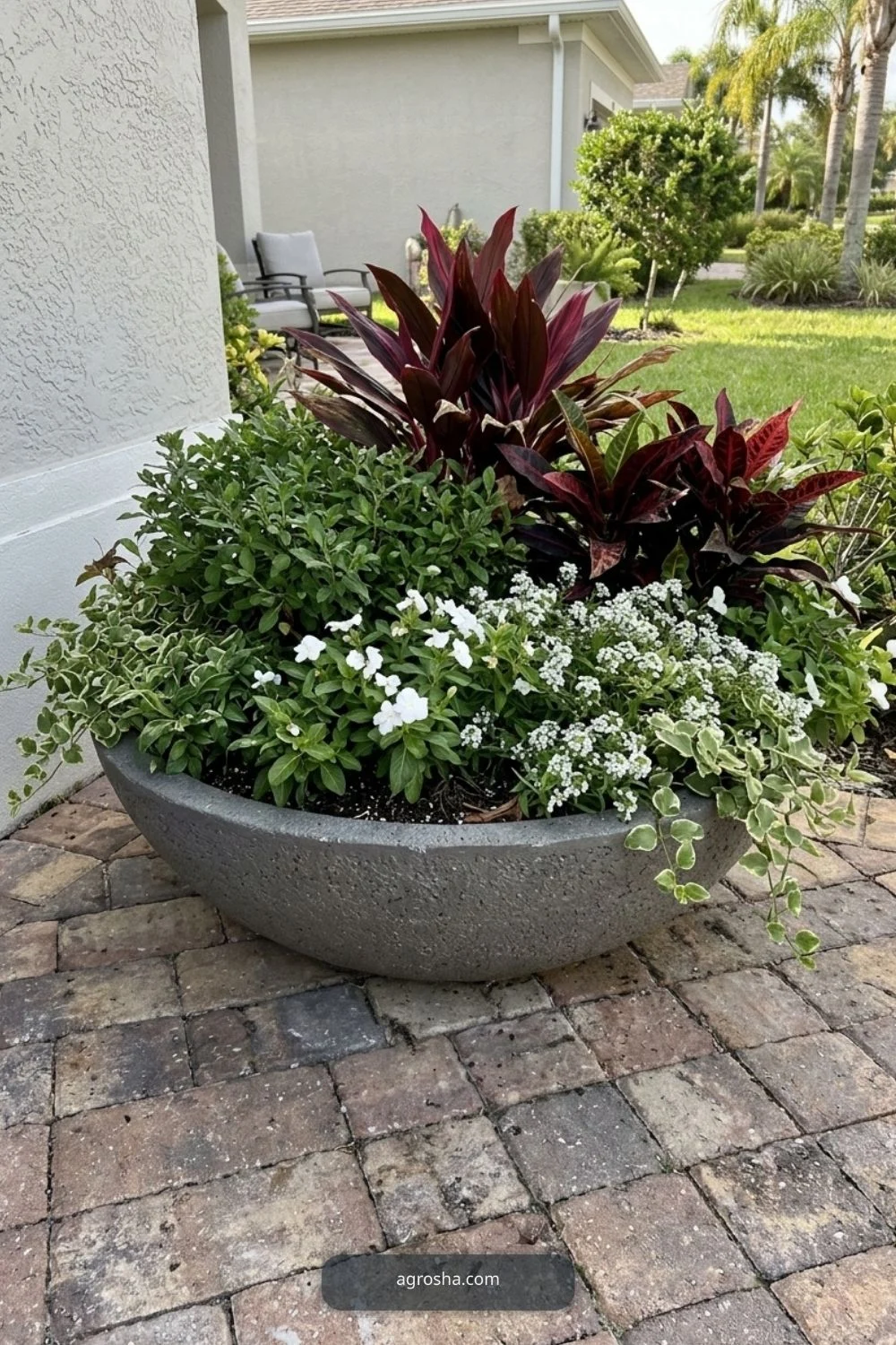 Florida outdoor planter example showing wide planter with layered low plants