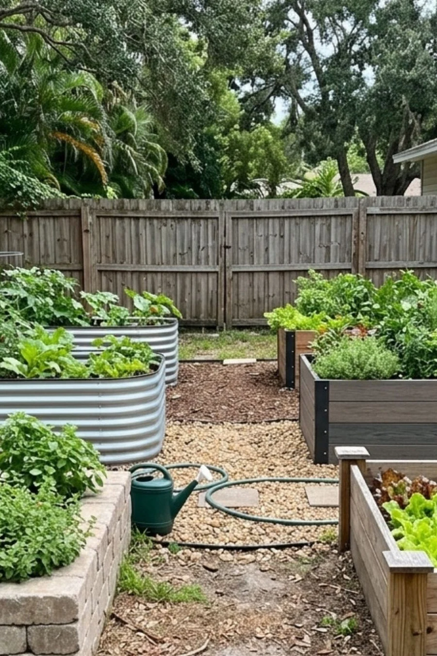 Vegetable raised beds built from wood, galvanized metal and concrete blocks in a modest Florida backyard