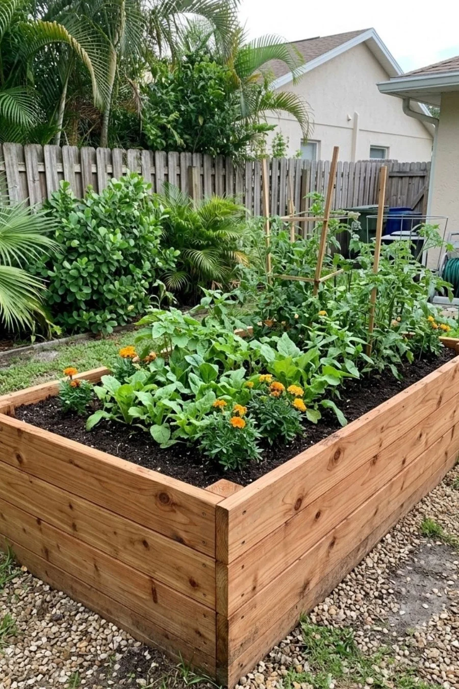 Cedar plank raised garden bed planted with leafy greens and small vegetable plants