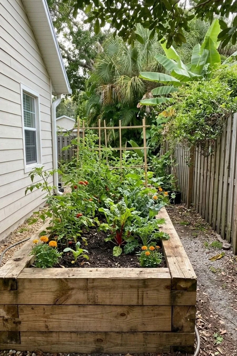 Rustic thick timber raised bed holding vegetable plants on a gravel garden surface