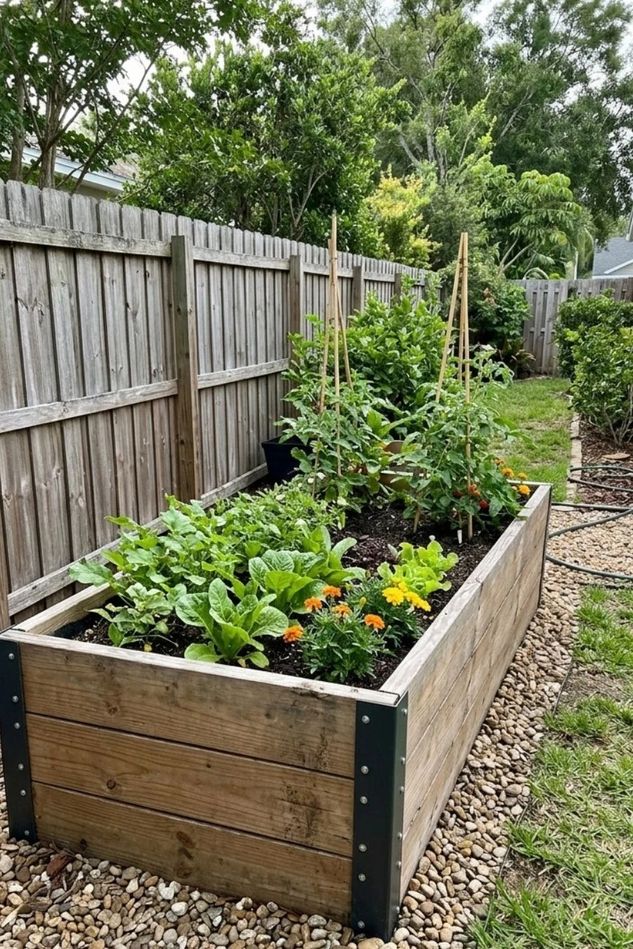 Wood raised planter reinforced with dark metal corner brackets and filled with vegetables