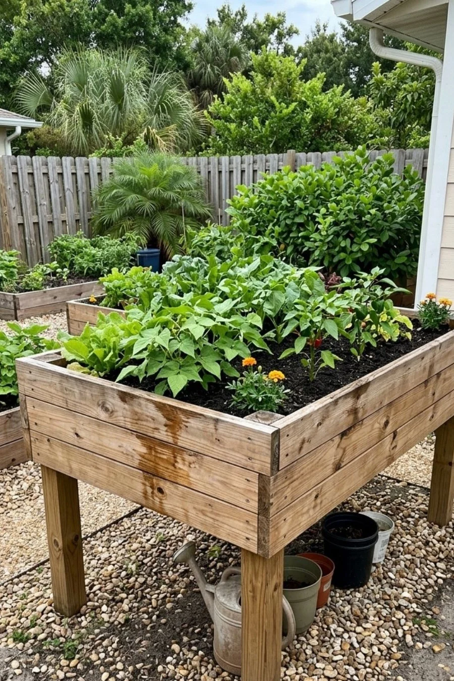 Elevated wooden vegetable planter on four legs above a gravel patio