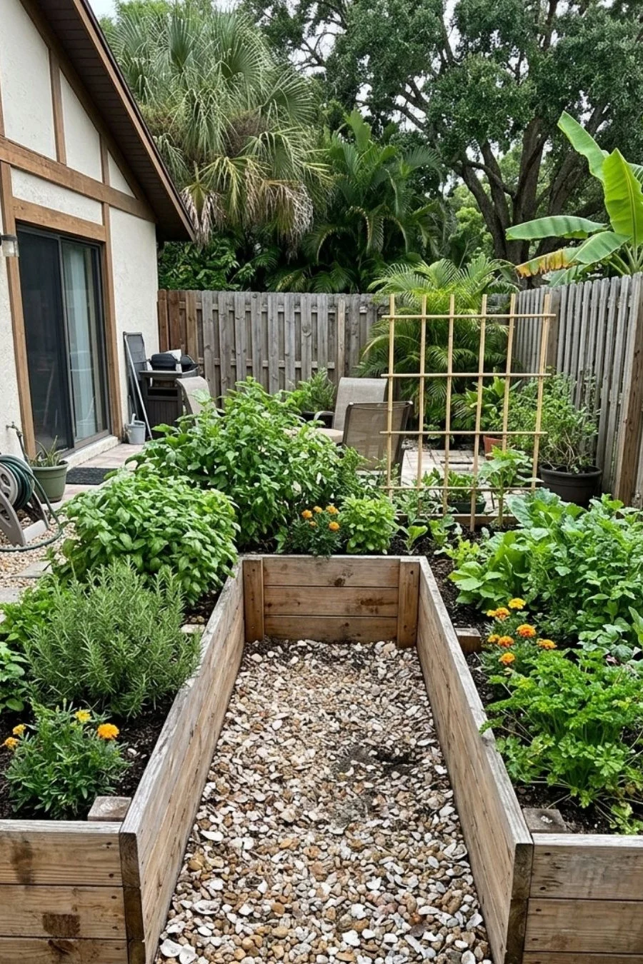 U-shaped wooden raised beds with a gravel access path and wooden trellis