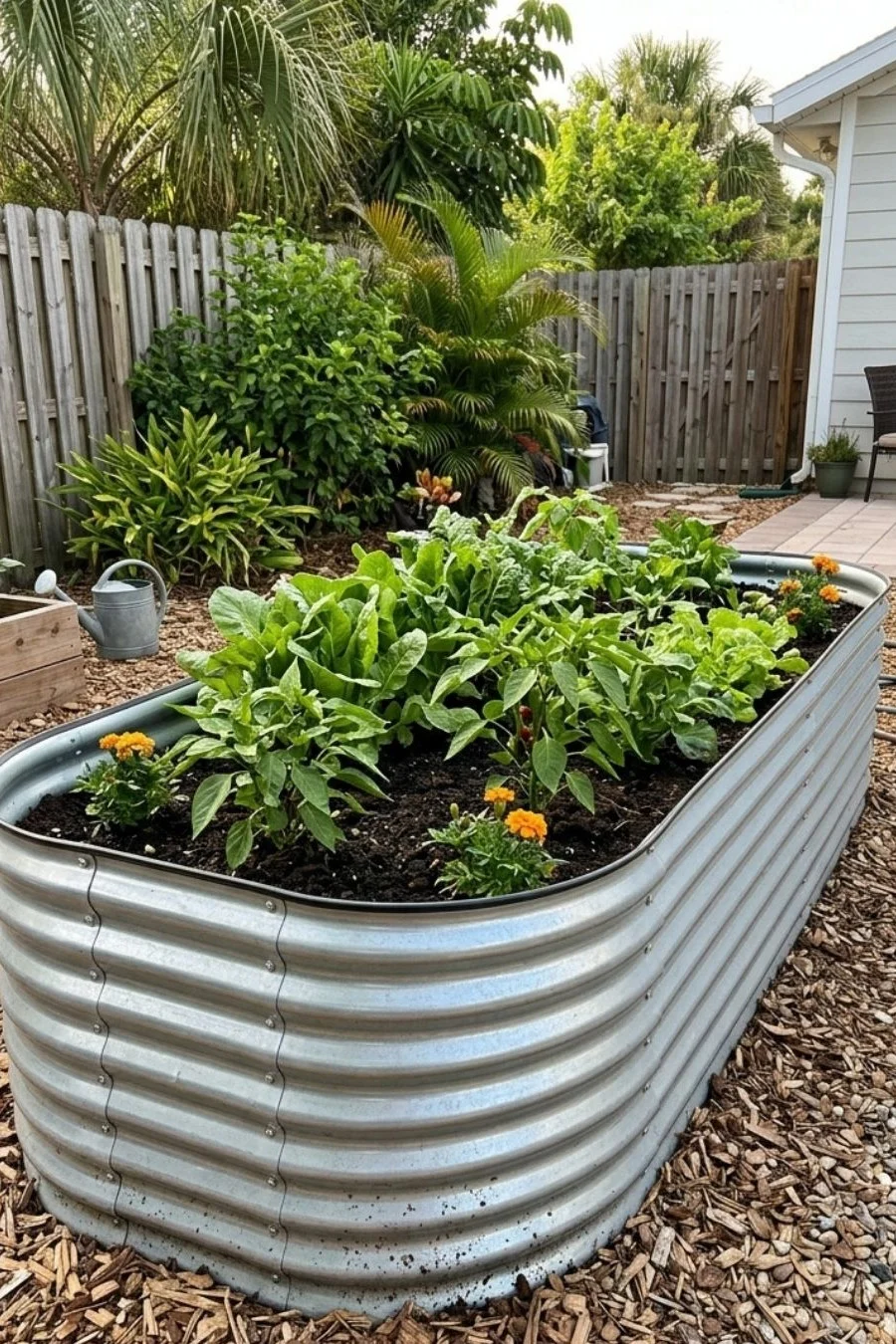 Galvanized corrugated steel raised bed with greens and orange flowering plants