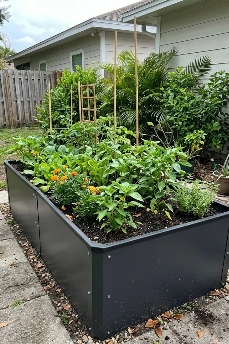 Dark powder-coated metal raised vegetable bed near a house patio