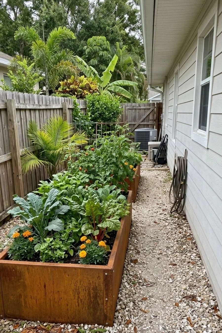 Rust-colored weathering steel raised garden bed growing vegetables alongside a gravel path