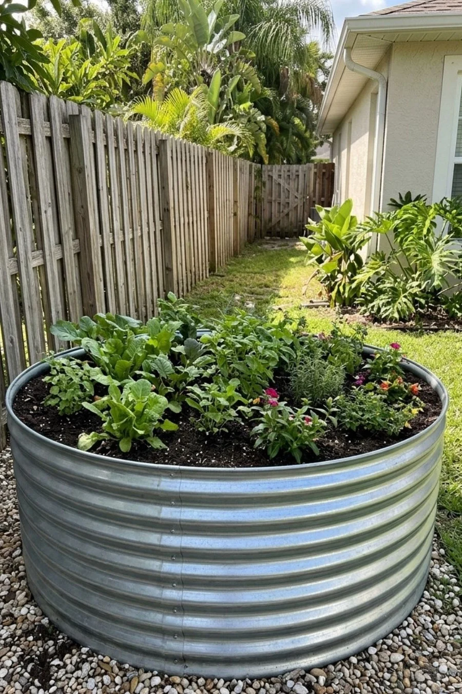 Round galvanized stock-tank-style raised bed with leafy greens and flowers