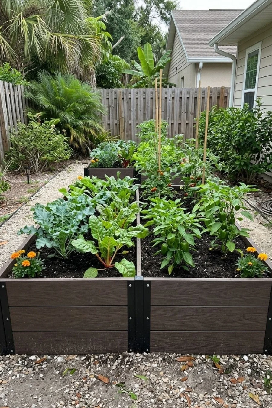 Dark composite-board raised bed with vegetables and black metal corner supports