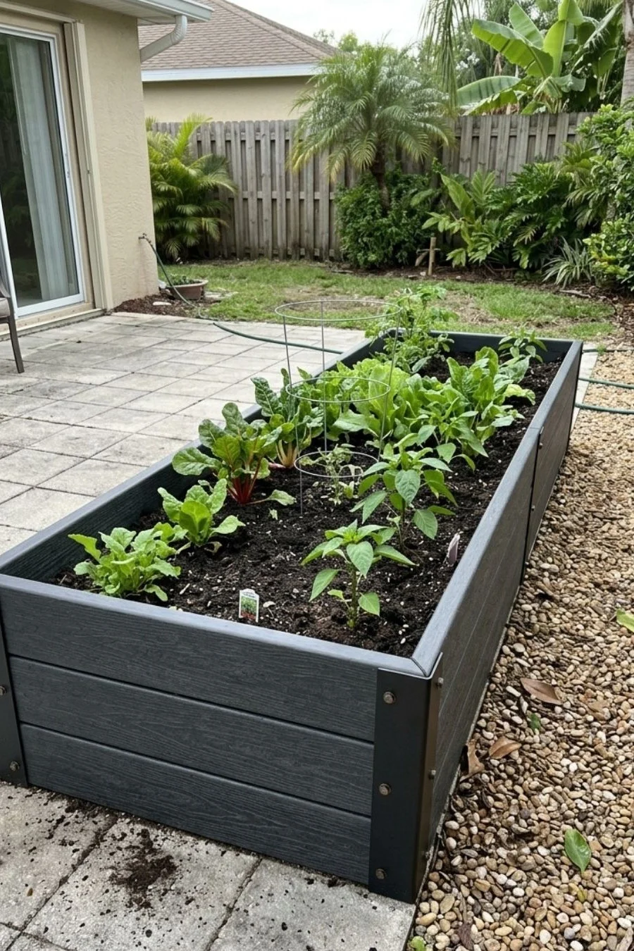 Charcoal recycled-plastic-style plank raised bed containing seedlings and a plant support cage