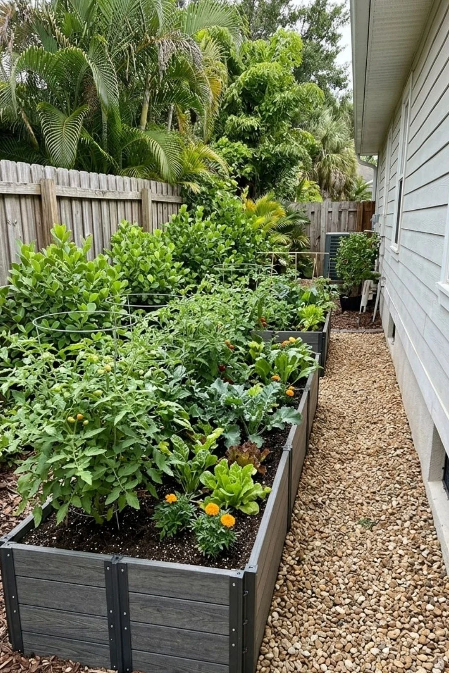 Modular composite raised-bed panels holding leafy greens and tomato plants