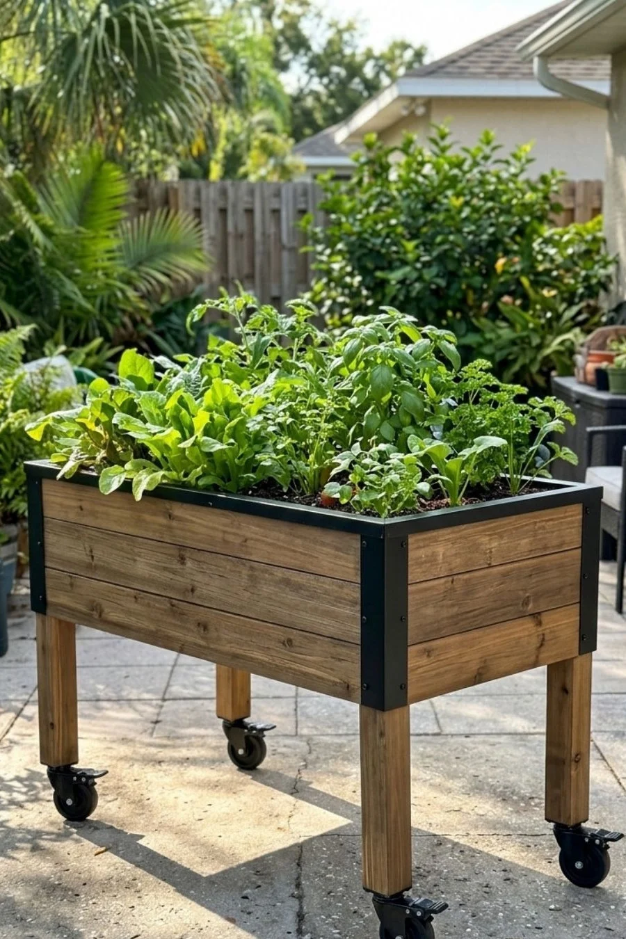 Wooden mobile raised planter on locking casters filled with leafy greens and herbs