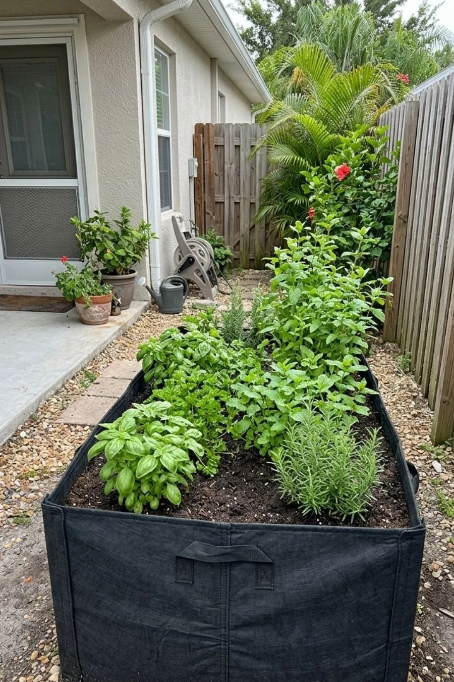 Flexible black fabric growing bed with herbs and leafy vegetables beside a patio