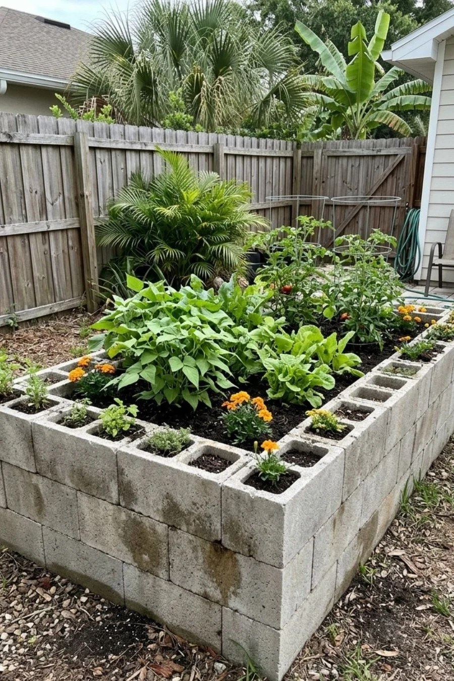 Concrete block raised vegetable bed with flowers growing in the open block cores