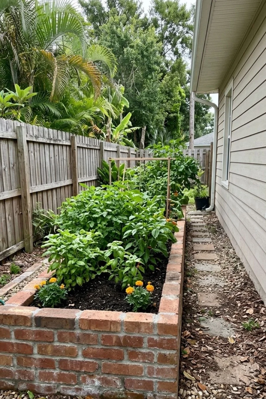 Red brick masonry raised vegetable bed next to a narrow gravel path and house wall