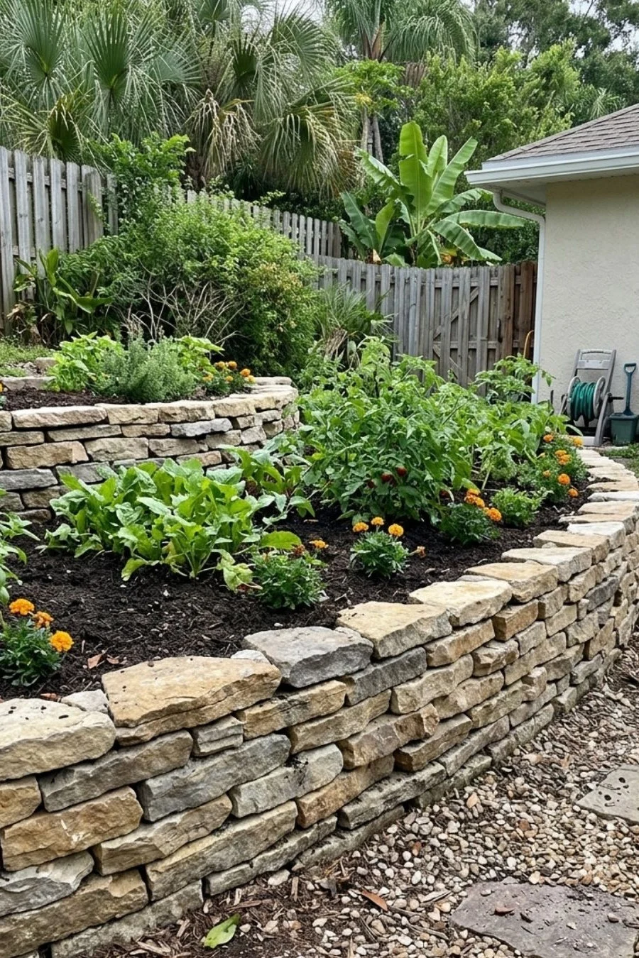 Curved dry-stacked stone raised beds with vegetables on a gently sloped backyard