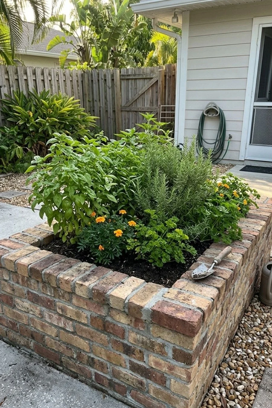 Mortared brick raised bed with leafy herbs and orange flowers beside a house