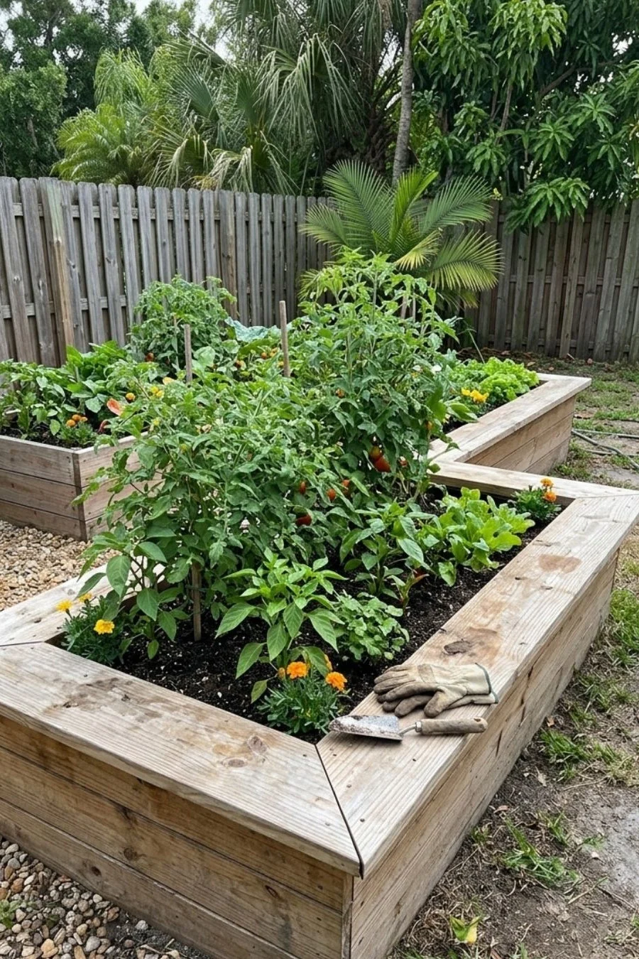 Wide wooden cap edge around a raised vegetable bed with work gloves and hand trowel