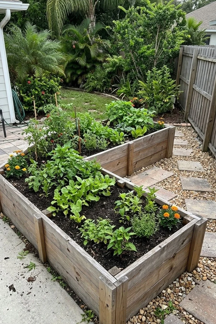 L-shaped wooden raised vegetable bed alongside patio paving and gravel stepping stones