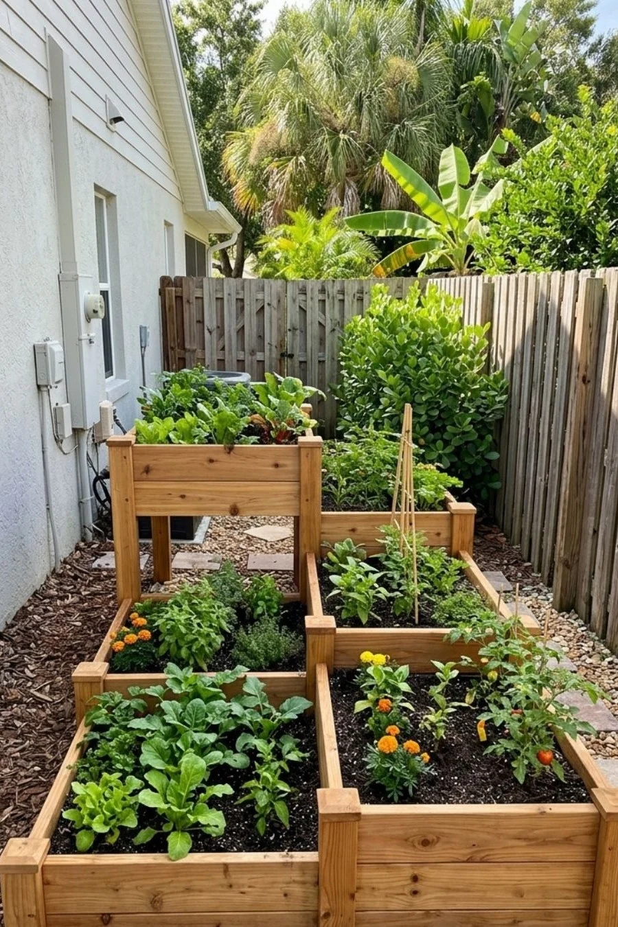 Tiered pine wooden raised beds of different heights growing leafy vegetables