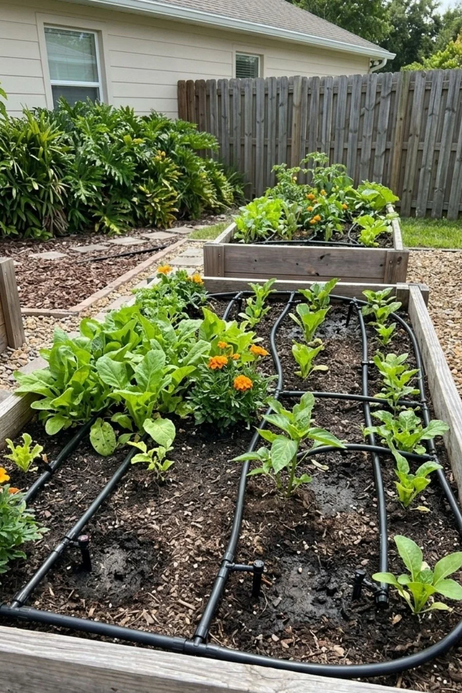 Raised wood vegetable beds with black drip irrigation lines across planted soil