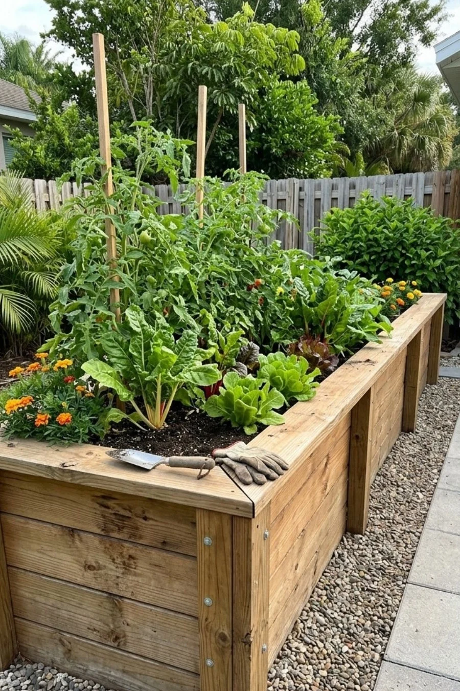 Extra-tall wooden raised bed with wide top cap and supported vegetable plants