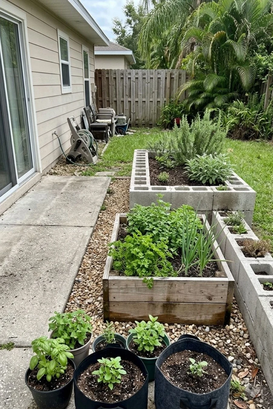 Wooden and concrete-block garden bed options with potted herbs beside a small house patio