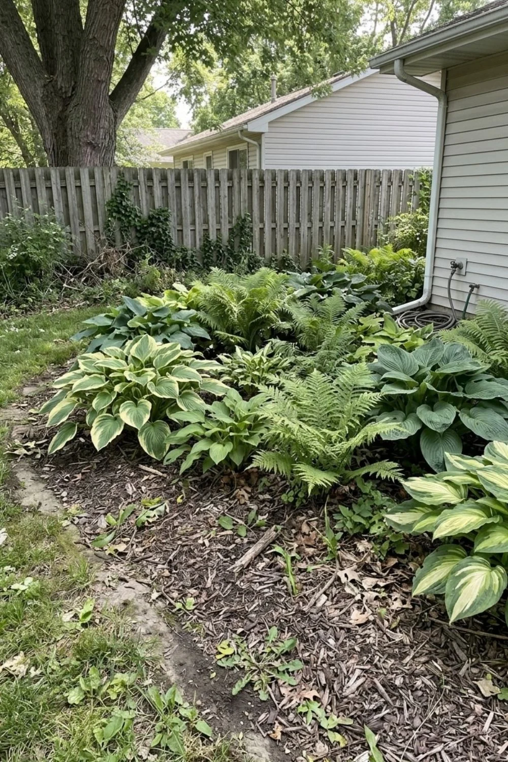Hostas and Ferns Together in a shaded suburban backyard garden