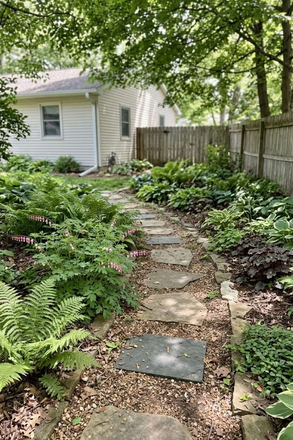 Woodland Path Shade Garden in a shaded suburban backyard garden