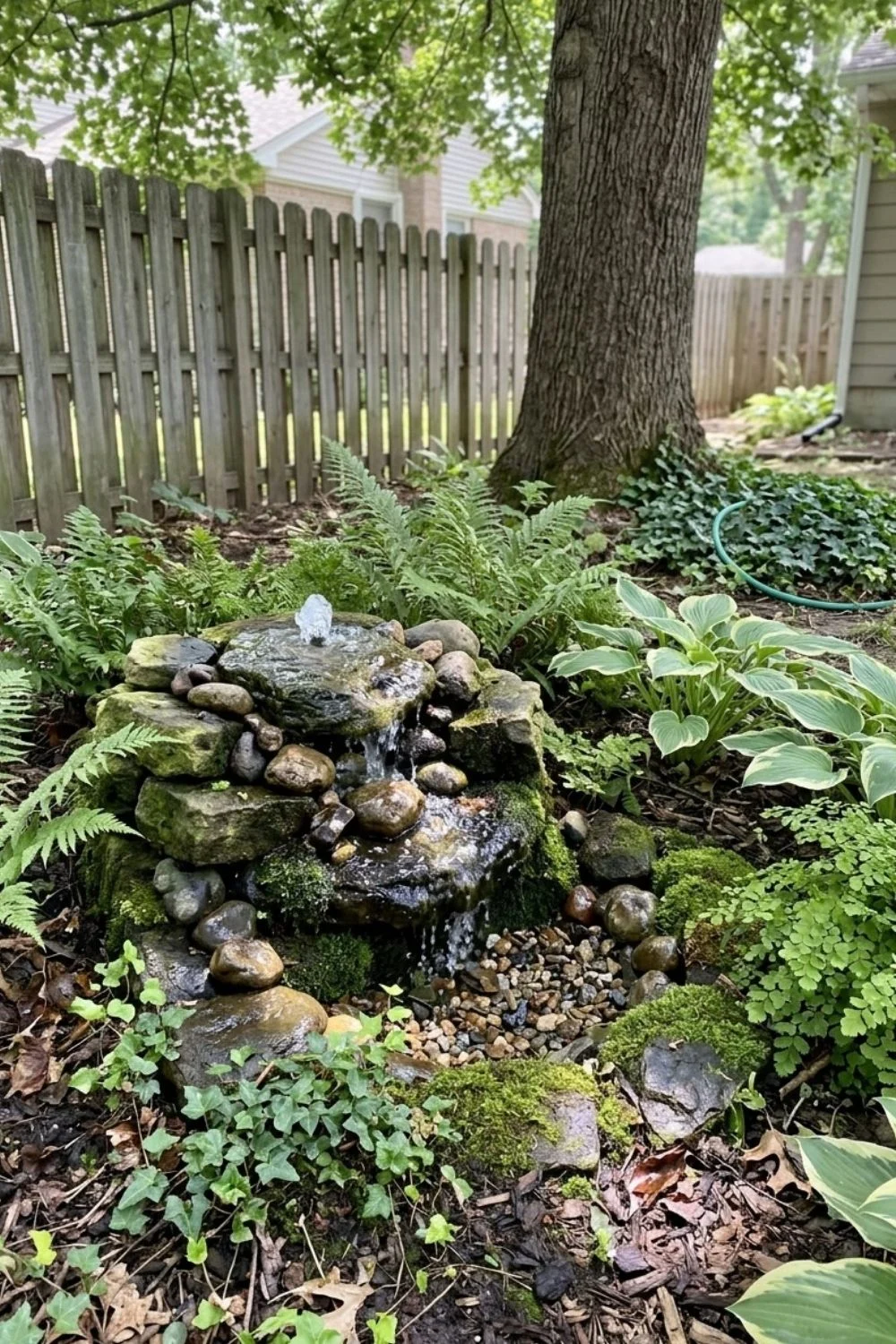 Shaded Water Feature in a shaded suburban backyard garden