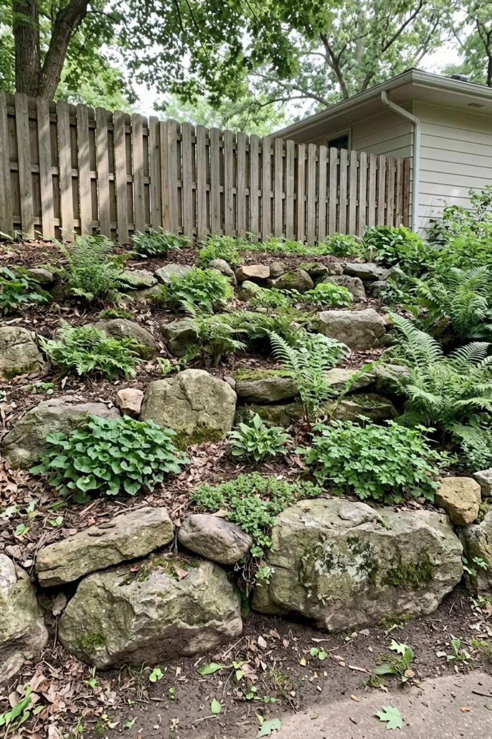 Rock Garden for a Shaded Slope in a shaded suburban backyard garden
