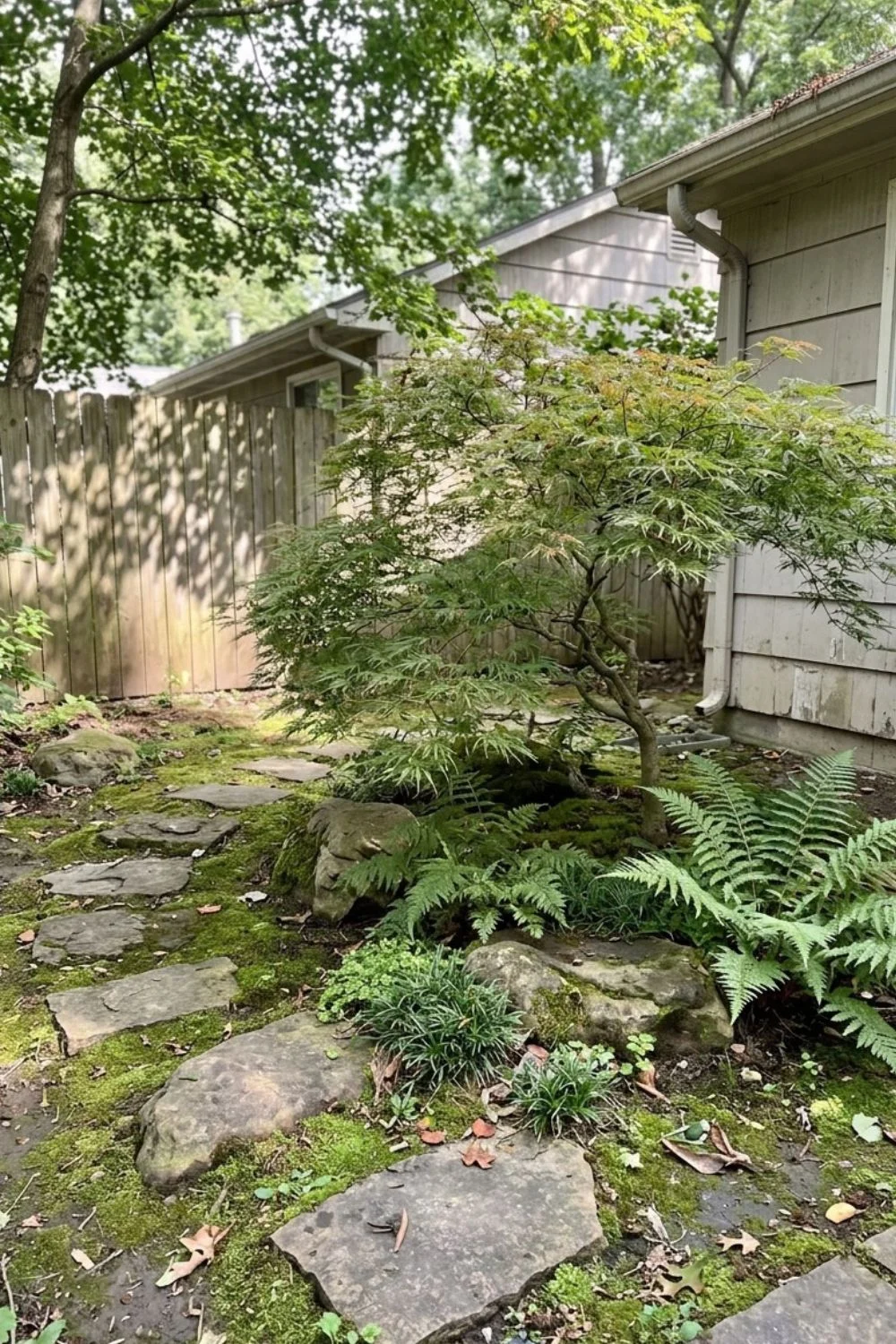 Japanese-Inspired Shade Garden in a shaded suburban backyard garden