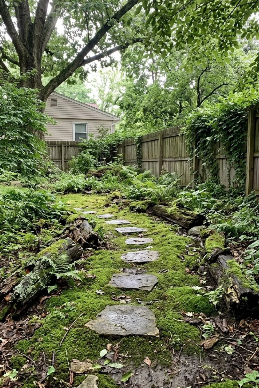 Moss and Stone Garden in a shaded suburban backyard garden