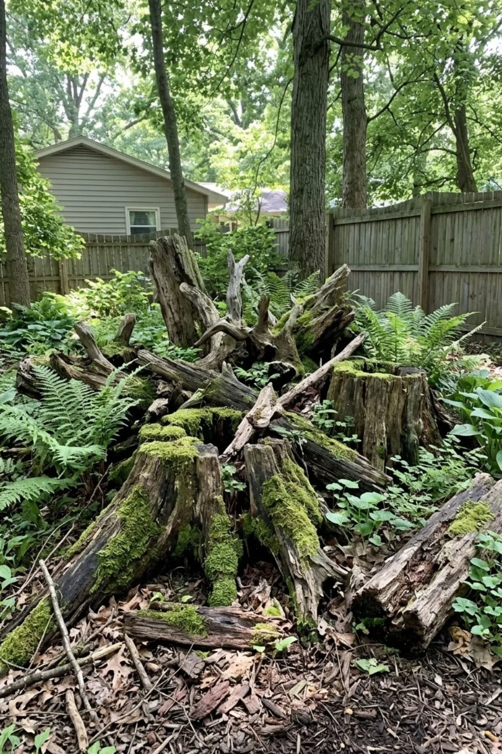 Stumpery Garden in a shaded suburban backyard garden