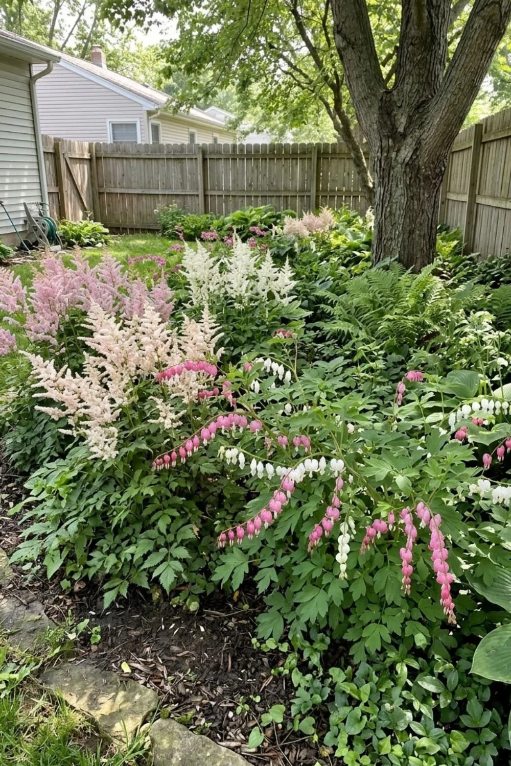 Astilbe and Bleeding Heart Drift in a shaded suburban backyard garden